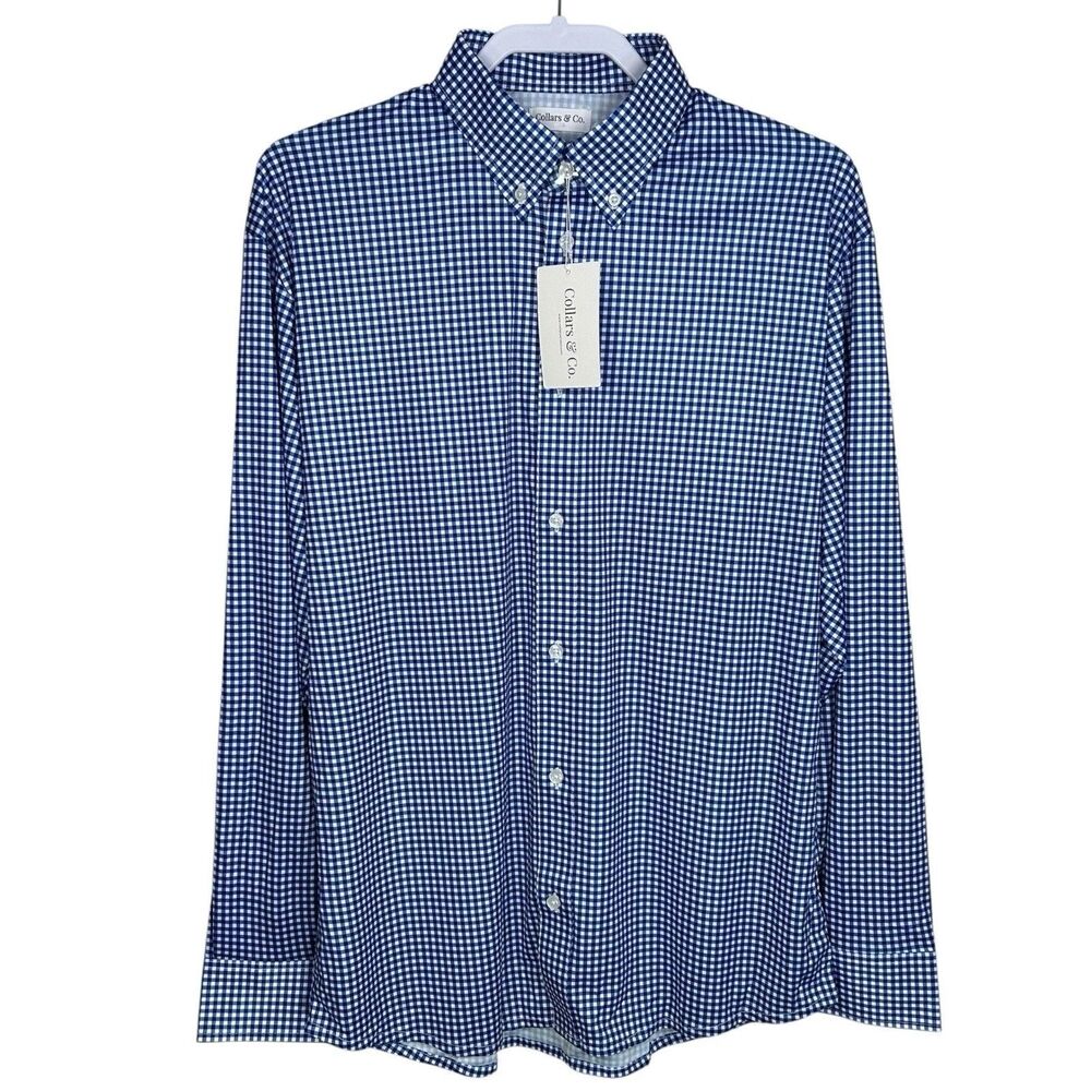 Collars & Co Polo Shirt Mens S Blue Gingham Long Sleeve Button Down Oxford NWT